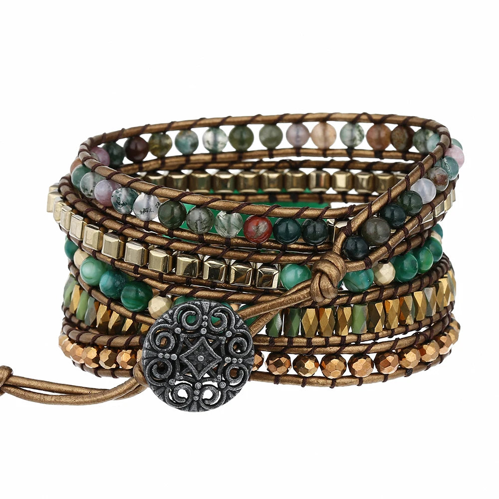 Genuine Leather Natural Stone Gemstone Crystal Bead Bracelet Vinage Style Green Stone Handwoven 5 Wrap Bracelet Jewelry