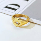 Vnox Star Stamp Ring for Women, Gold Color Stainless Steel Signet Round Top Ring with AAA CZ Stone, Chic Minimalist Heavy Ring