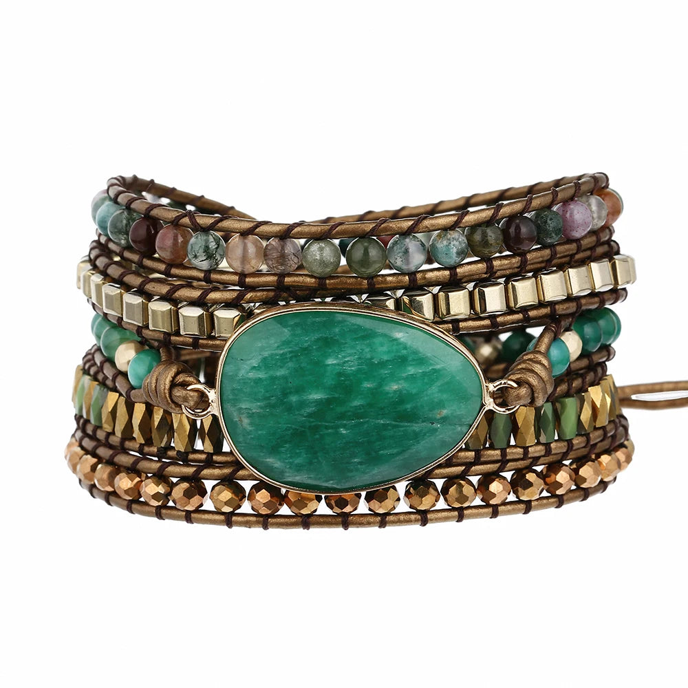 Genuine Leather Natural Stone Gemstone Crystal Bead Bracelet Vinage Style Green Stone Handwoven 5 Wrap Bracelet Jewelry