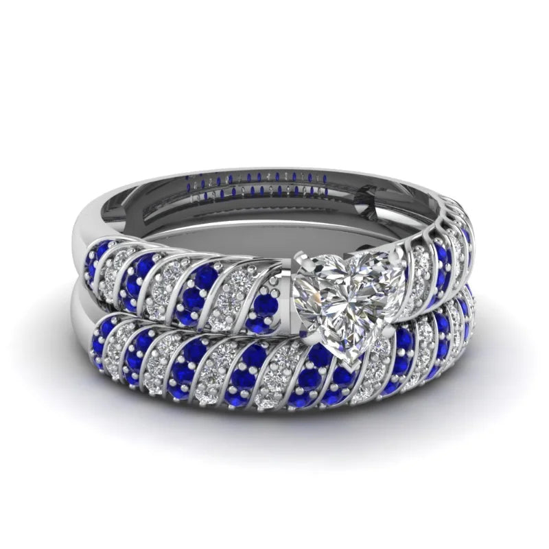 Fashion Jewelry Couple Ring Simple Stainless Steel Men Ring Elegant Blue/White Heart Zircon Women Rings Set Engagement Gift