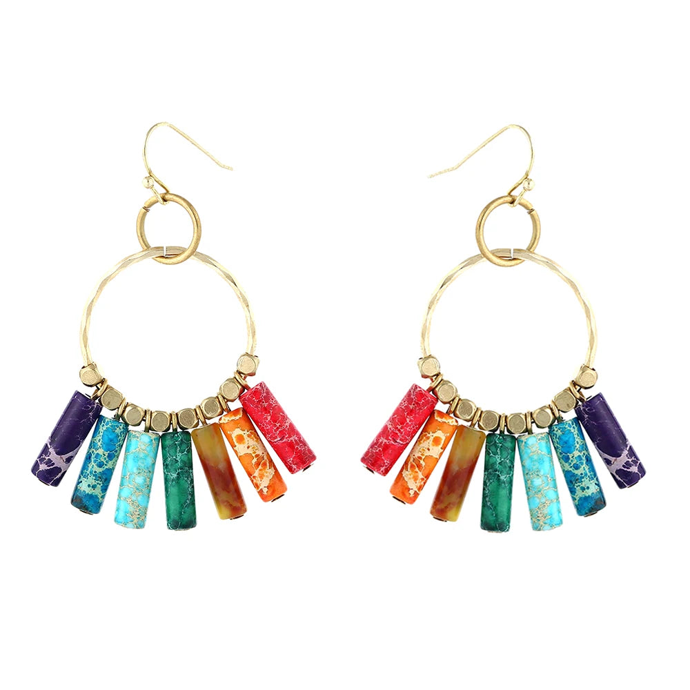 Drop shipping Boho Authentic 7 Chakra Imperial J-asper Stone Bead Brass Charm Dangle Earrings