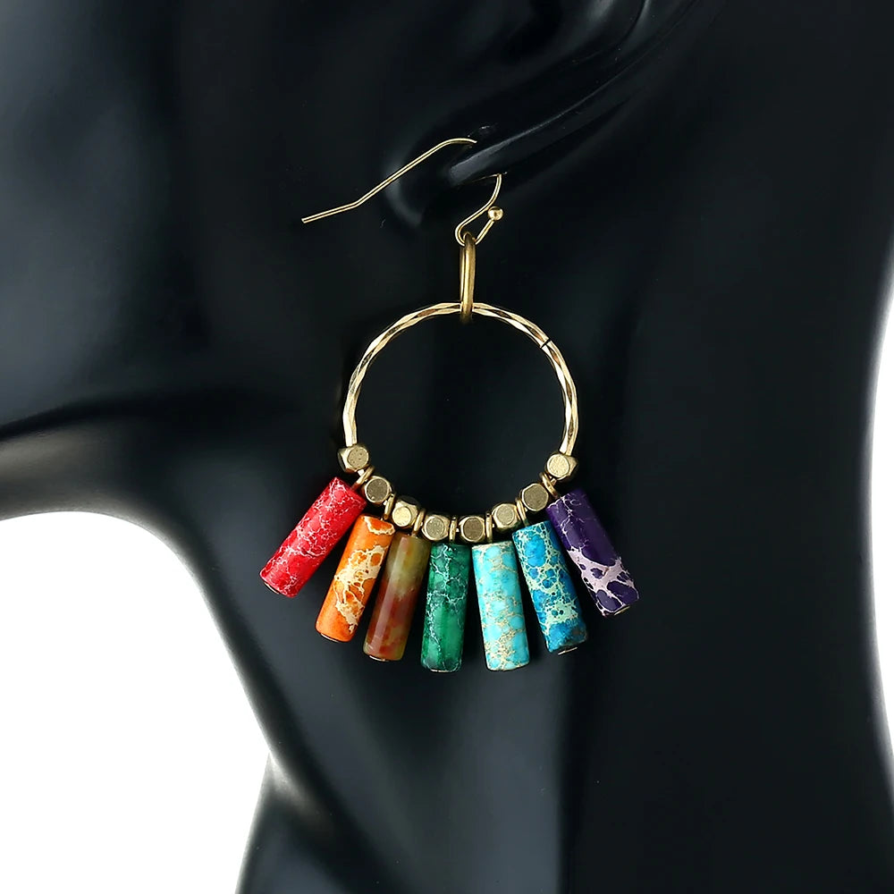 Drop shipping Boho Authentic 7 Chakra Imperial J-asper Stone Bead Brass Charm Dangle Earrings