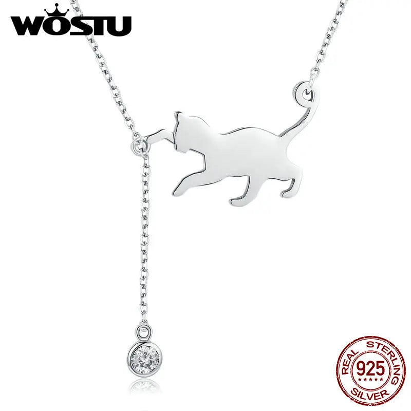 WOSTU 100% 925 Sterling Silver Playful Cat Pet Chains Pendant Necklace For Women Luxury Brand Jewelry