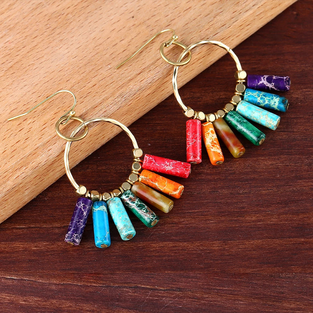 Drop shipping Boho Authentic 7 Chakra Imperial J-asper Stone Bead Brass Charm Dangle Earrings