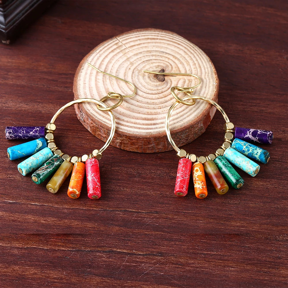 Drop shipping Boho Authentic 7 Chakra Imperial J-asper Stone Bead Brass Charm Dangle Earrings