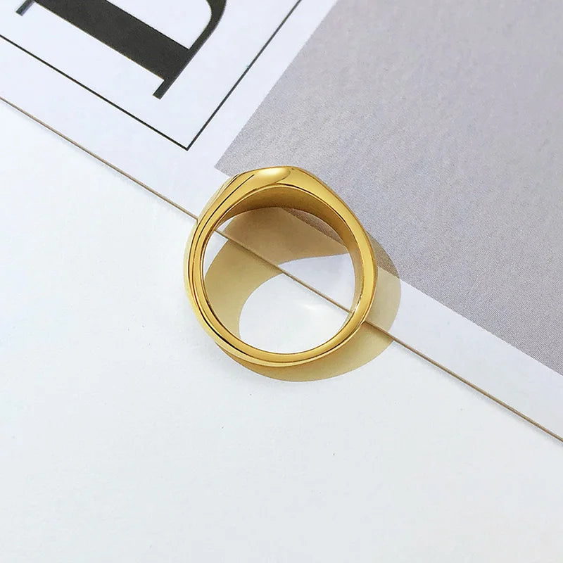 Vnox Star Stamp Ring for Women, Gold Color Stainless Steel Signet Round Top Ring with AAA CZ Stone, Chic Minimalist Heavy Ring