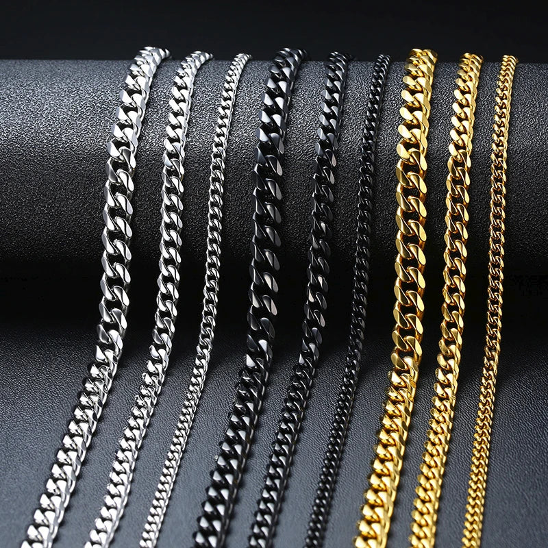 Vnox Men Simple 3-11mm Stainless Steel Cuban Link Chain Necklaces for Male Jewelry Solid Black Gold Color Gifts Miami Curb Chain
