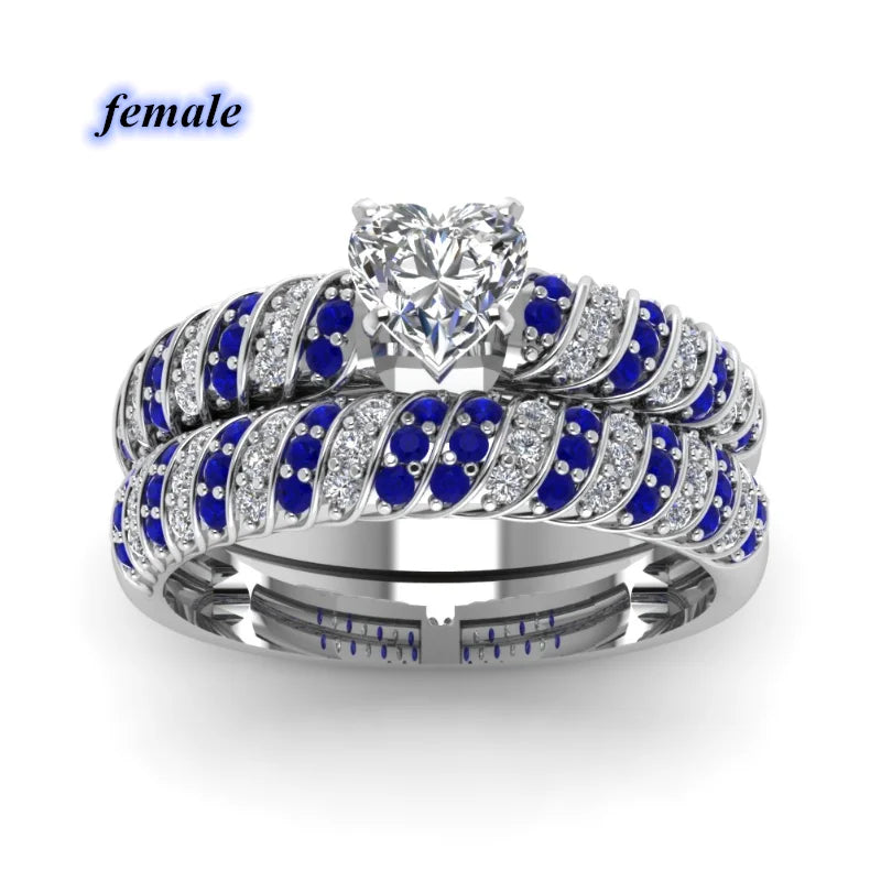 Fashion Jewelry Couple Ring Simple Stainless Steel Men Ring Elegant Blue/White Heart Zircon Women Rings Set Engagement Gift