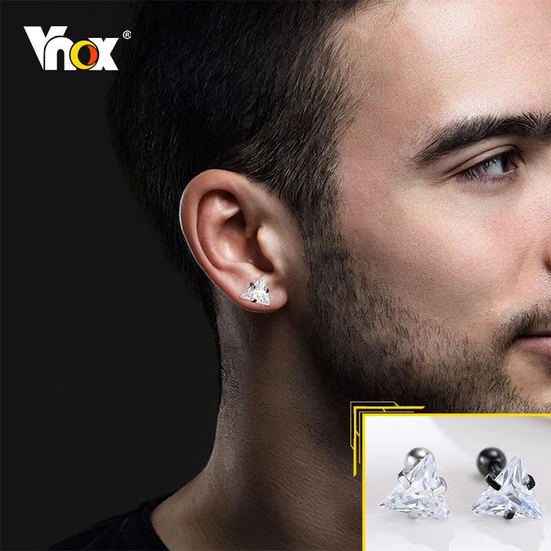 Vnox Stylish Triangle Stud Earrings for Men Women, AAA CZ Stone Unisex Ear Clip Jewelry, Rock Punk Vintage Accessory