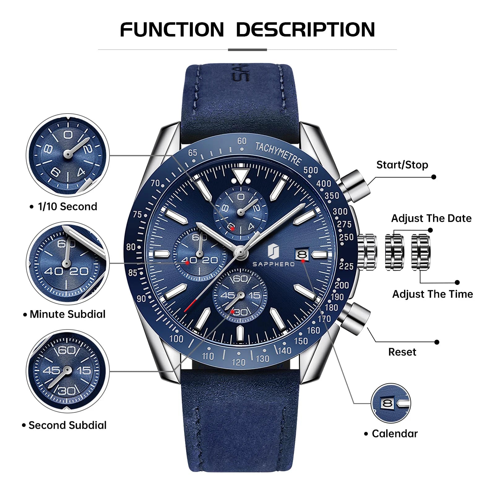 SAPPHERO Men's Chronograph Watch High Precision Quartz Movement Stainless Steel Wristwatch Dial Date Display 50M Waterproof Luxury Sport Watch Luminous Hands Classic Analog Business Casual Timepiece Elegant Design Gift for Me mbzr