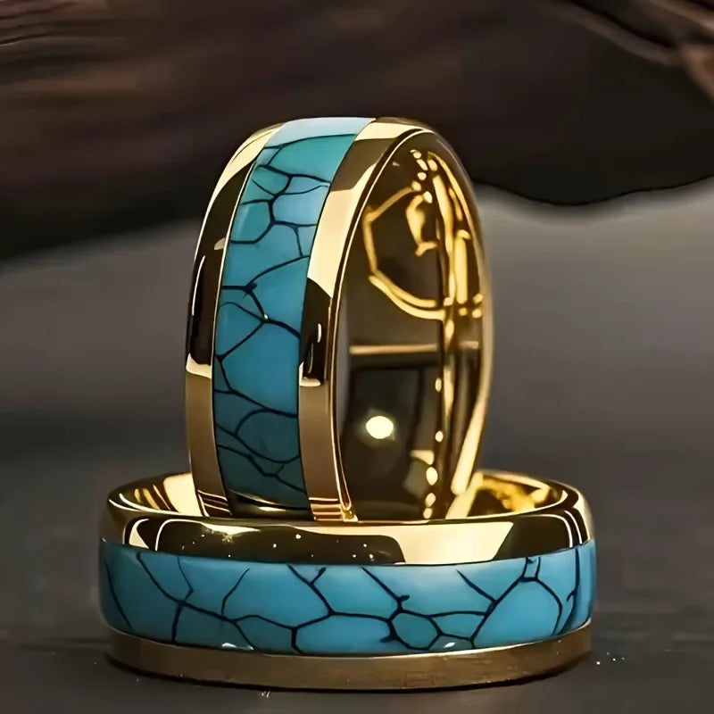 Fashion men's and women's titanium steel gold-plated imitation turquoise inlaid wedding ring, using 316L stainless steel single ring design, Christmas, Valentine's Day, Father's Day and Mother's Day gifts