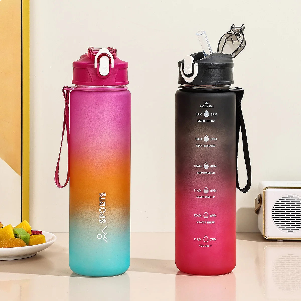Large-Capacity 800ml Sports Water Bottle with Straw & Scale for Outdoor Fitness Camping Travel Car Bicycle mbzr