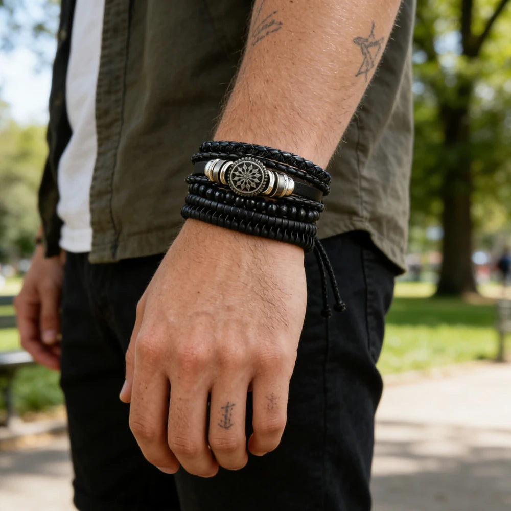 4 in 1 Braided Wrap Leather Bracelets for Men Vintage Life Tree Rudder Charm Wood Beads Ethnic Tribal Wristbands