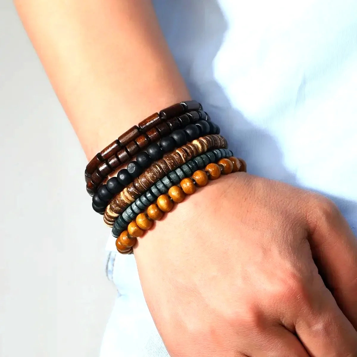 6PCS  Wodeen Braided Wrap Leather Bracelet for Men Vintage Life Wood Beads Fashion Male Armband