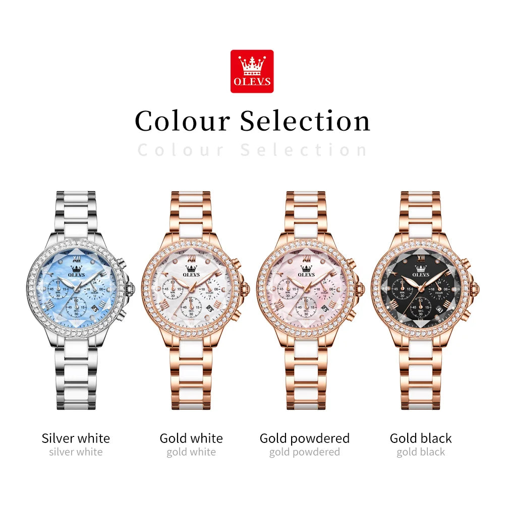 OLEVS 9999 Luxury Diamond Women Watch Fashion Blue Dial Stainless Steel Ceramic Strap Quartz Wristwatch Waterproof Calendar Window Watch