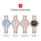 OLEVS 9999 Luxury Diamond Women Watch Fashion Blue Dial Stainless Steel Ceramic Strap Quartz Wristwatch Waterproof Calendar Window Watch
