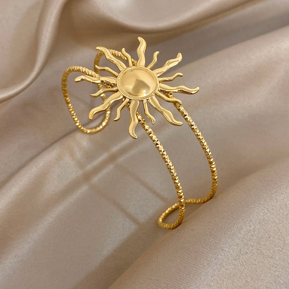 316L Stainless Steel Sunflower Open Cuff  Bangles Bracelet Y2K Gold Plated Waterproof Charms Jewelry Women's Men Gifts