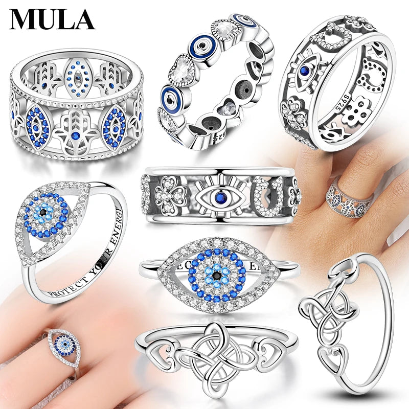 MULA Wedding Band Rings for Women Man 925 Sterling Silver Evil Eye Hand Celtic Knot Four-Leaf Clover Ring Stackable Jewelry Gift