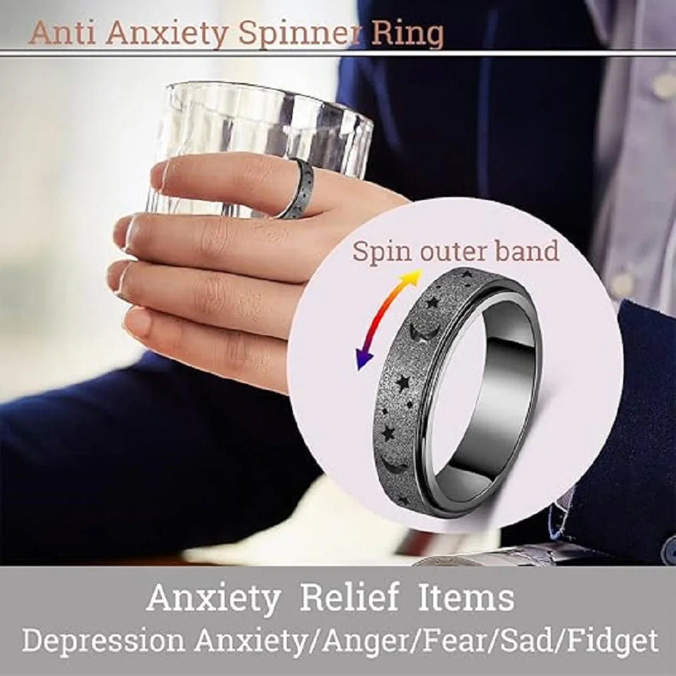 Unique Spinning Ring for Men - Rotating Moon and Star Design with Stainless Steel Ends