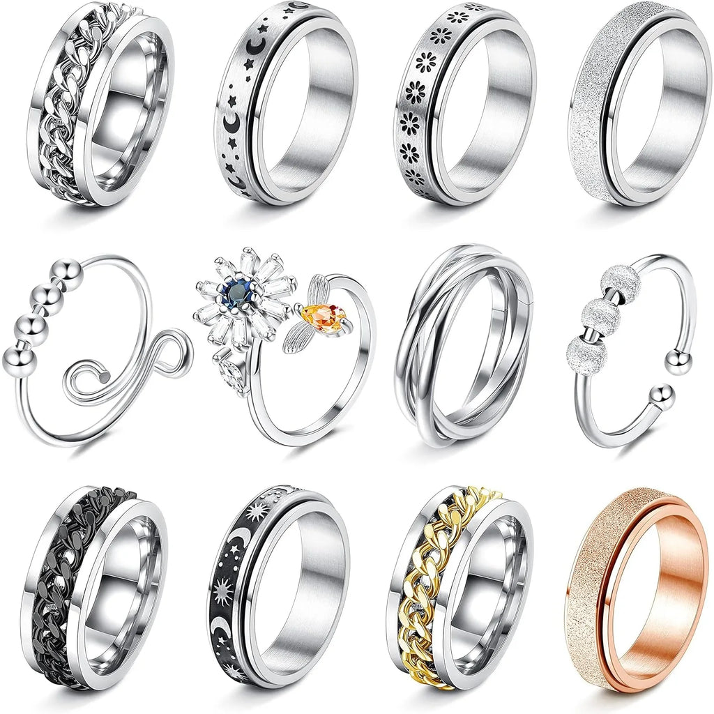 12Pcs Stainless Steel Fidget Rings for Women Men Anxiety Spinner Ring Adjustable Flower Moon Star Stress Relieving Fidget Spinning Ring Wedding Band Rings Set