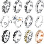 12Pcs Stainless Steel Fidget Rings for Women Men Anxiety Spinner Ring Adjustable Flower Moon Star Stress Relieving Fidget Spinning Ring Wedding Band Rings Set