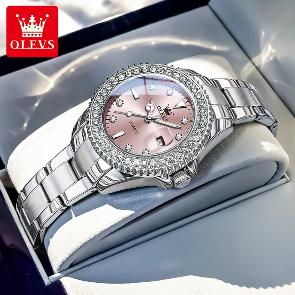 OLEVS 9945 Luxury Women Original Quartz Movement Watch Diamond Scale Stainless Steel Bracelet Luminous Function 30M Waterproof Watch mbzr