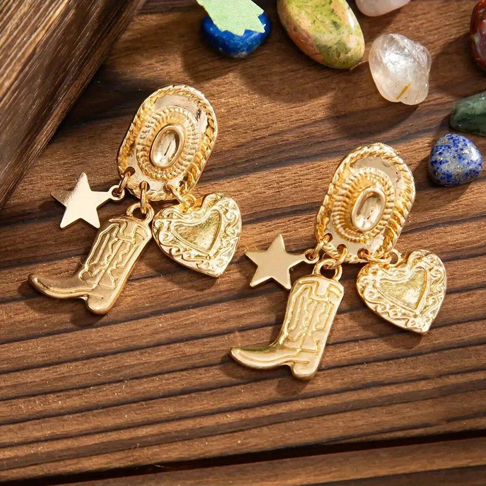 1 Pair Fashion Women Earrings Retro Bohemian Metal Cowboy Hat Boots Heart Geometric Pendant Earrings - Stylish Jewelry for Women's Casual Party Wear Birthday/Halloween/Holiday Gifts Everyday Jewelry, Elegant Accessory