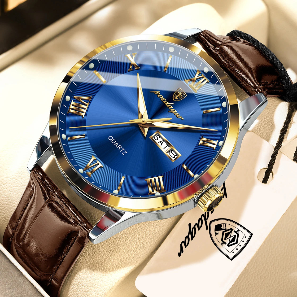 POEDAGAR Original Fashion Men's Watches Leather Date Week High Quality Quartz Men Wristwatch Waterproof Luminous Business Watches For Man Male Reloj