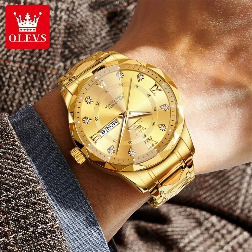 OLEVS 5609 Brand Original Quartz Movement Watch For Men Big Diamond Dual Calendar Dial Steel Bracelet HD Luminous Function 30m Waterproof Watch
