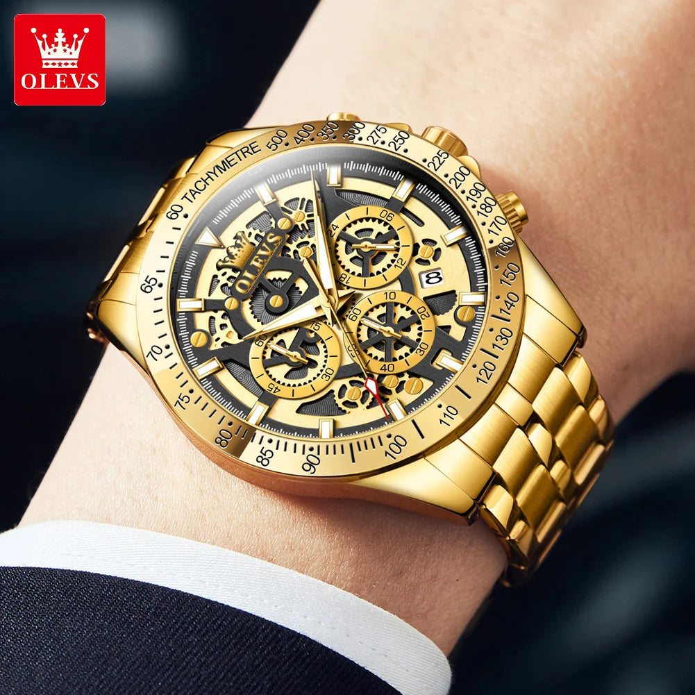 OLEVS Lxuxry Brand Gold Men's Watches Full Skeleton Stainless steel Chronograph Wristwatch Waterproof Luminous Quartz Watch Men mbzr
