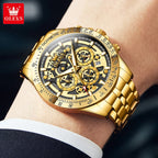 OLEVS Lxuxry Brand Gold Men's Watches Full Skeleton Stainless steel Chronograph Wristwatch Waterproof Luminous Quartz Watch Men mbzr