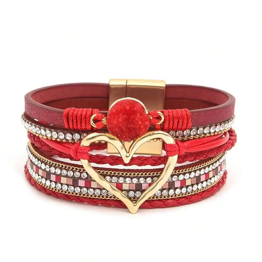 Layered PU Leather Heart Charm Wrap Bracelet With Magnetic Closure For Women, Boho Style, All Season Accessory mbzr