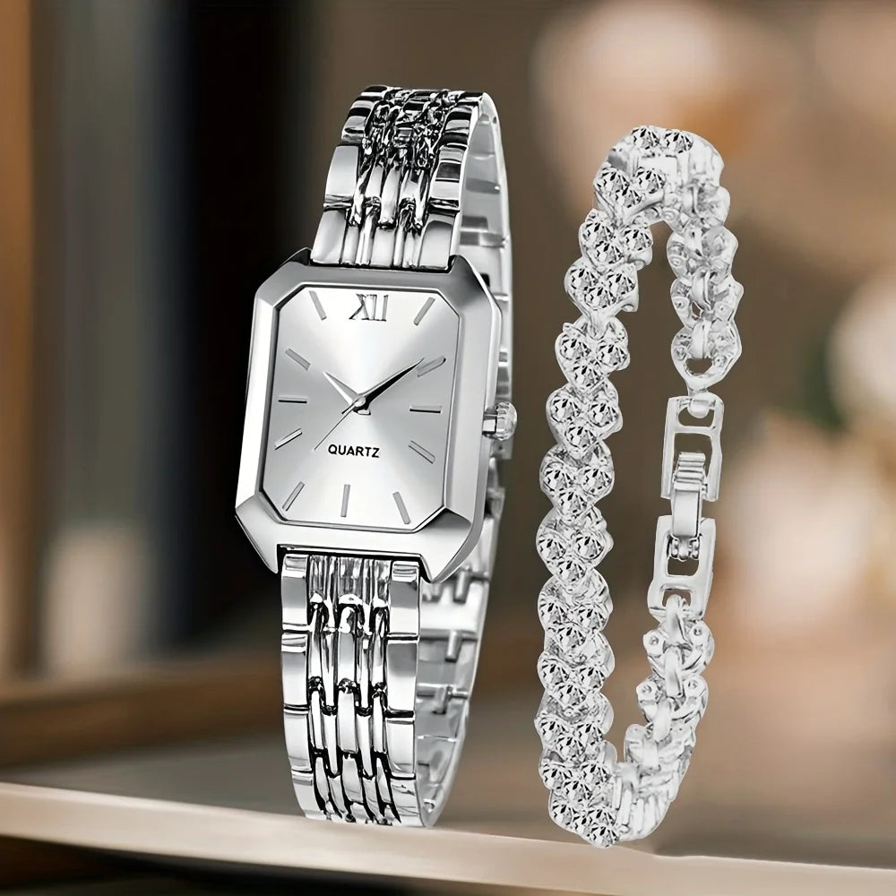 2PCS Fashion Rectangle Women Quartz Watch Rhinestone Bracelet Set Ladies Roma Dial Wristwatch Reloj Mujer Girls Clock Gift mbzr