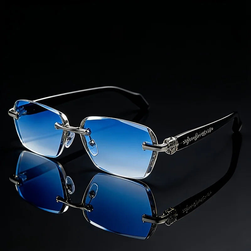New classic retro square frameless small frame trendy daily casual wear sunglasses, metal frame + PC lenses, unisex street sunglasses, simple and advanced sense, light and no nose pressure, showing a small face artifact