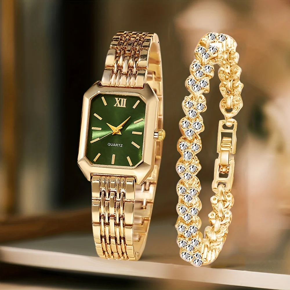 2PCS Fashion Rectangle Women Quartz Watch Rhinestone Bracelet Set Ladies Roma Dial Wristwatch Reloj Mujer Girls Clock Gift mbzr