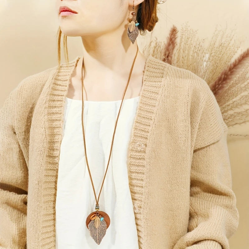 3 Pieces/set Bohemian Ethnic Style Carved Pattern Leaf Pendant Necklace Earrings Women's Retro Trendy Holiday Accessories Gift