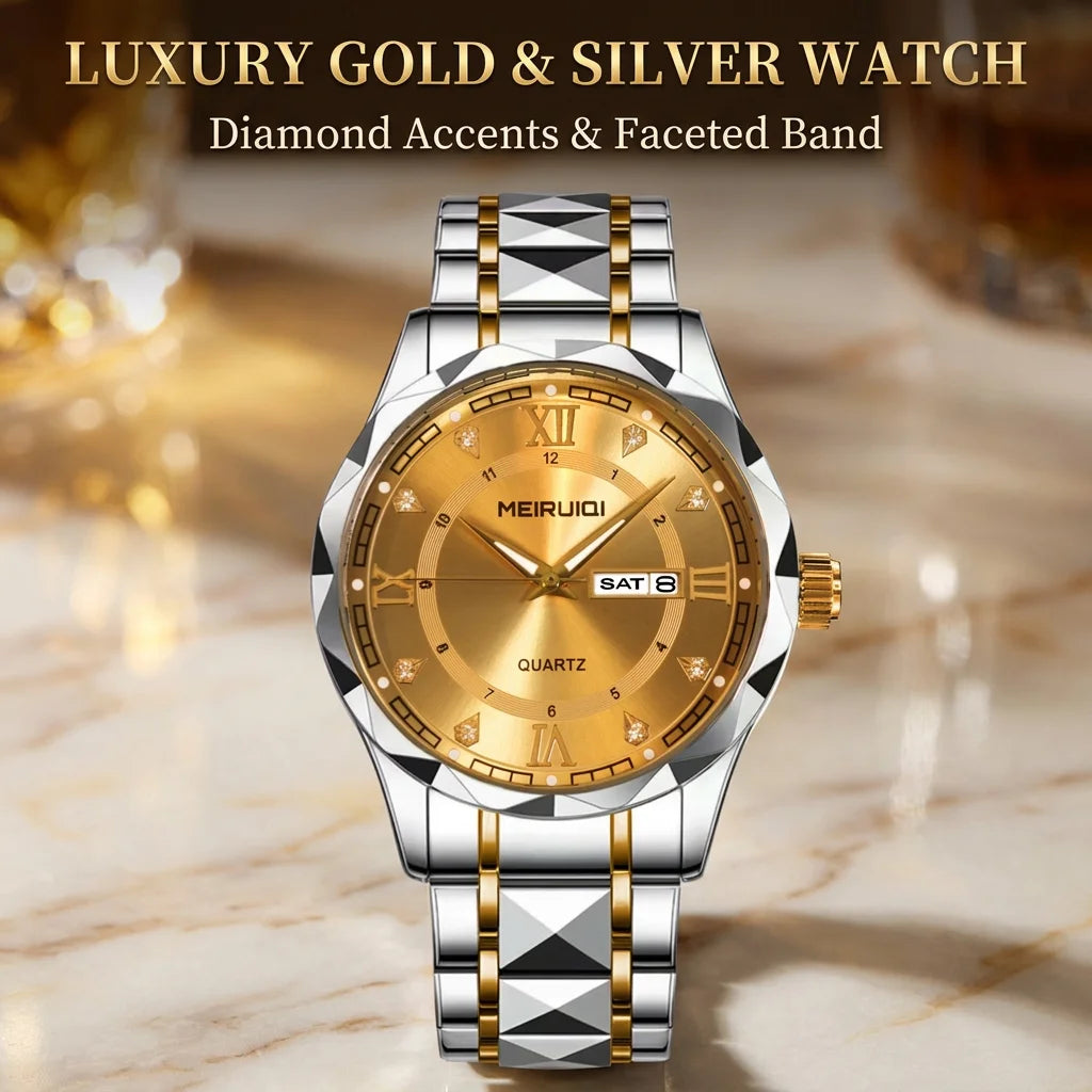 1pcs Men's Gold Alloy Band Luxury Business Calendar Quartz Watch for Party Holiday Gift mbzr