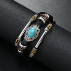 Men Bohemian Bracelet Imitation Turquoise Beaded Leather Durable Stainless Steel Clasp Cuff Hand Jewelry