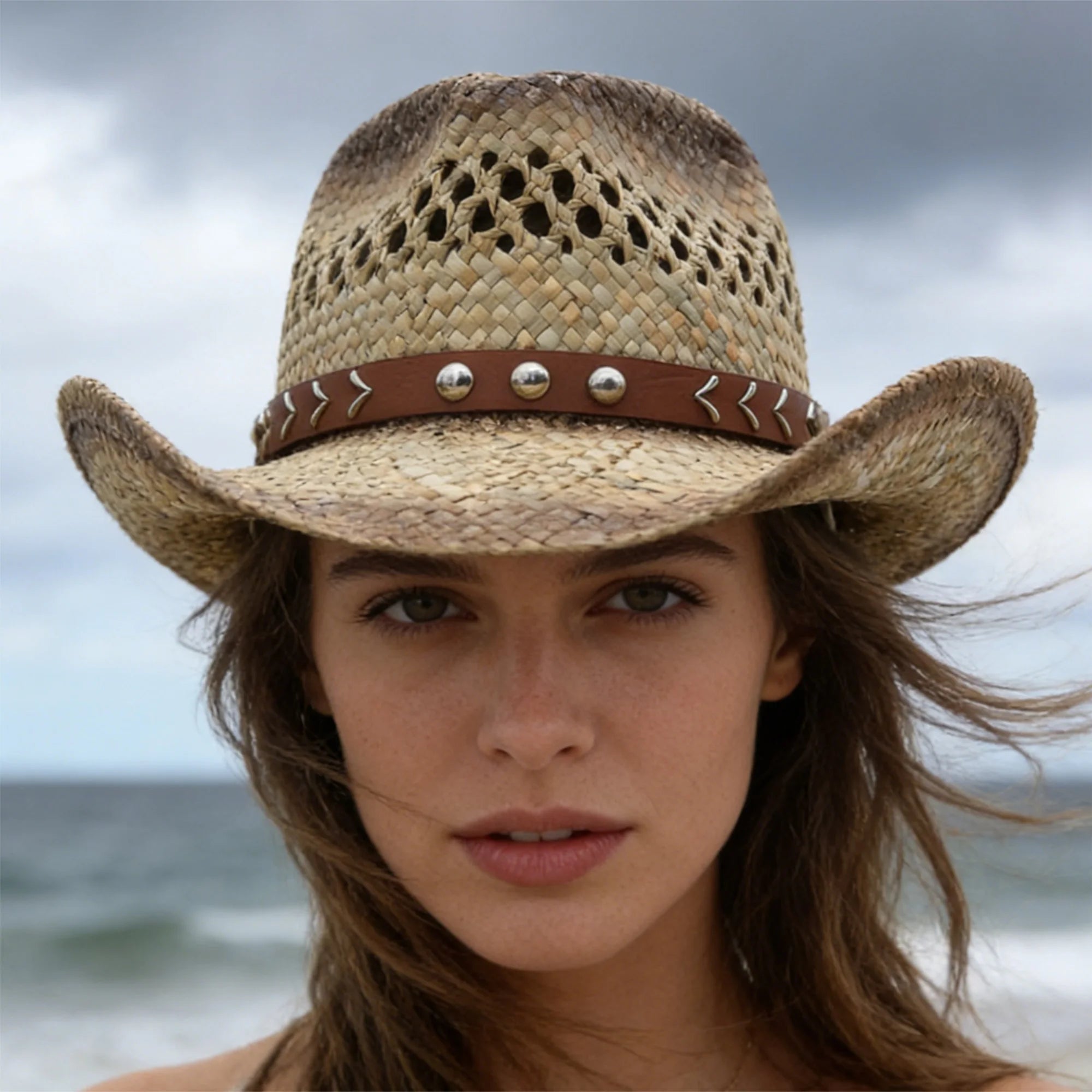 Vintage Cowboy Hat Wide Brim Western Straw Hat with Studded Belt Classic Style