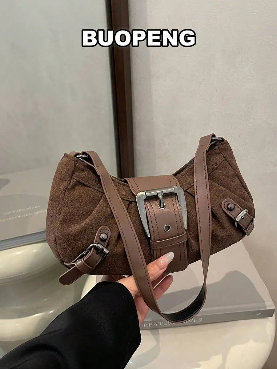 Vintage-Style Saddle Crossbody Bag with Buckle Detail, Soft Faux Leather, Adjustable Strap