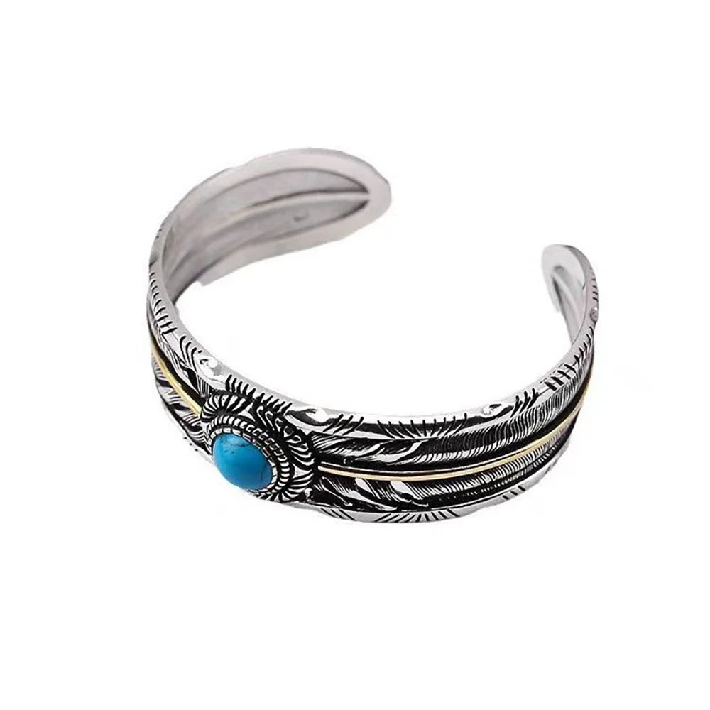 Vintage Copper Plated Silver Color Feather Unisex Bracelet Open Cuff Bangle With Turquoise Retro Style