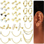33Pcs 20G Cartilage Earrings Set for Women Men Surgical Steel Earrings CZ Flat Back Stud Earrings Hoop Helix Piercing Jewelry
