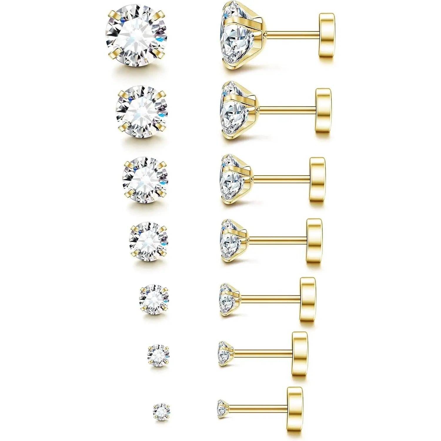 20G Hypoallergenic Flat Back Earrings for Women Men Silver Plated14K Gold-plated Stainless Steel Stud Earrings Brithstone Cubic Zirconia Studs Surgical Steel Cartilage Earrings for Sensitive Ears
