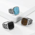 Retro Old Hollow Relief Titanium Steel Ring Green Pine Tiger Eye Black Gemstone Men's Index Finger Ring Spot