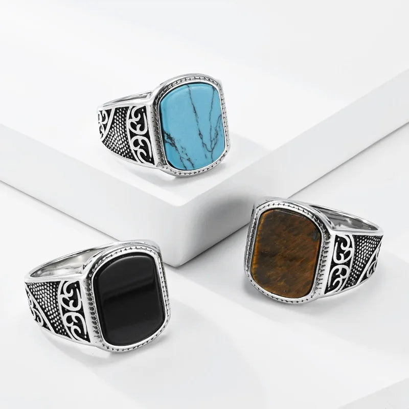 Retro Old Hollow Relief Titanium Steel Ring Green Pine Tiger Eye Black Gemstone Men's Index Finger Ring Spot