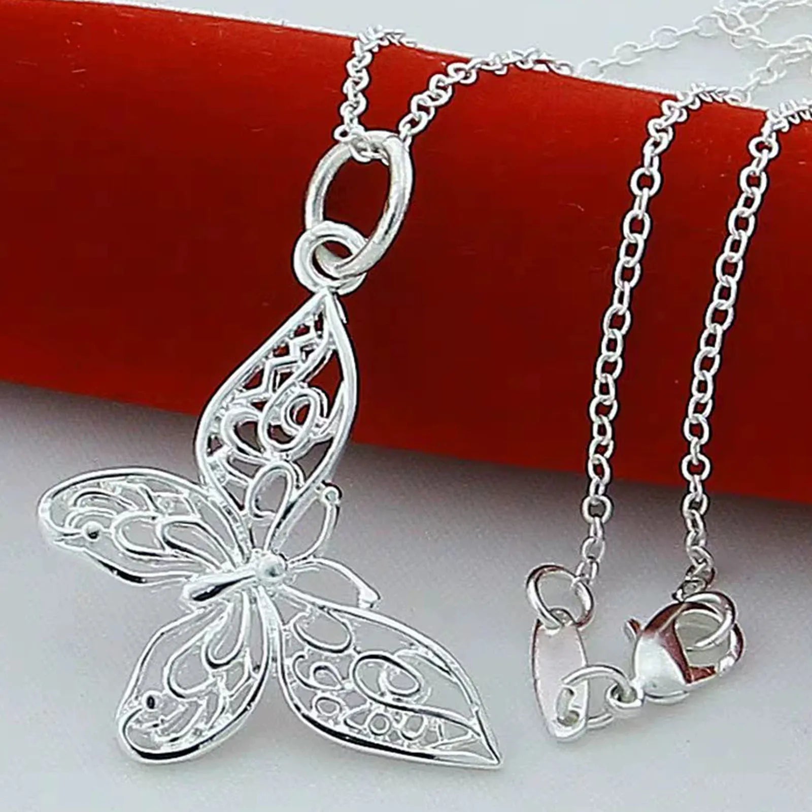 Sterling Silver Butterfly Pendant Necklace Snake Chain Women