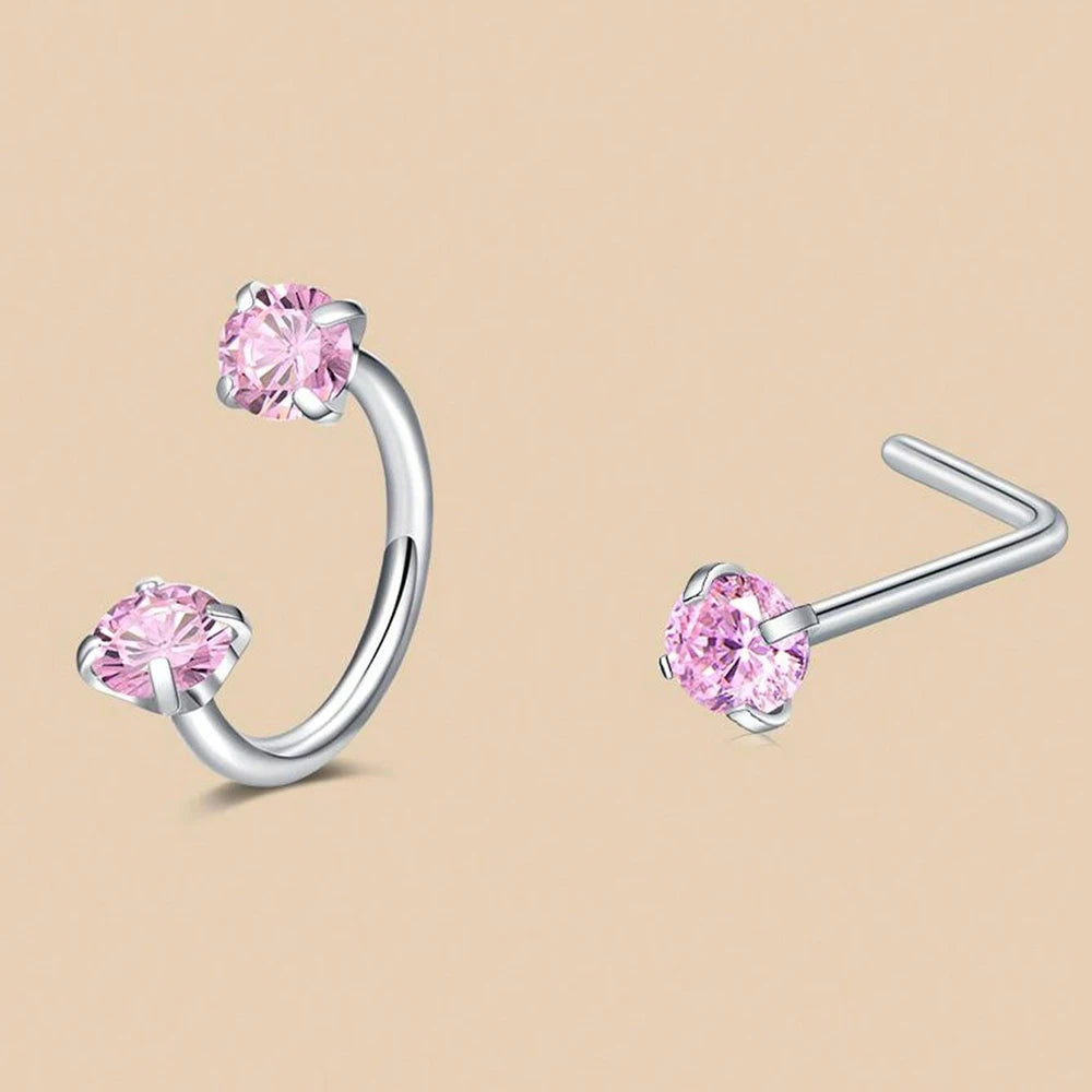 6/2pcs Horseshoe Nose Rings With L-Shape Nose Stud, Stainless Steel Rianbow CZ Nose Ring,, Lip Eyebrow Helix Ear Piercing mbzr