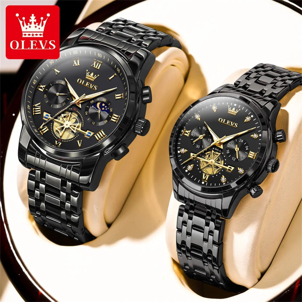 OLEVS Quartz Couple Watch Luxury Brand Waterproof Lunar Phase Timing Code Watch Elegant and Romantic Lover His  Her Couple Watch mbzr