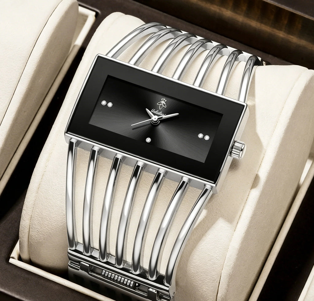 Unique Hollow Bangle Women Watch Rectangular Black Dial Crystal Dot Scale Wide Silver Bracelet Waterproof Ladies Quartz Watch Luxury Gift Box For Birthday Valentine Mother’s Day