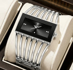 Unique Hollow Bangle Women Watch Rectangular Black Dial Crystal Dot Scale Wide Silver Bracelet Waterproof Ladies Quartz Watch Luxury Gift Box For Birthday Valentine Mother’s Day
